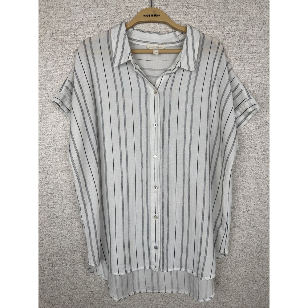 Eileen Fisher White Black Stripe Oversized Boxy Button Down Shirt Tencel M